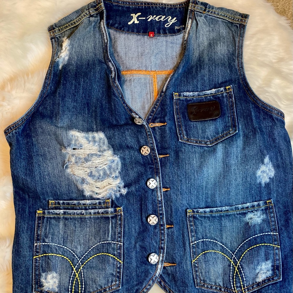 X-Ray Denim Jean Vest Distressed Skull Biker XL